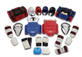 Full 8-piece taekwondo martial arts sparring kit featuring a foam headguard, chest guard, vinyl shin instep and forearm guards, Velcro groin cup, hand and foot protectors, mouthguard, and a gear bag. All items are WTF approved.