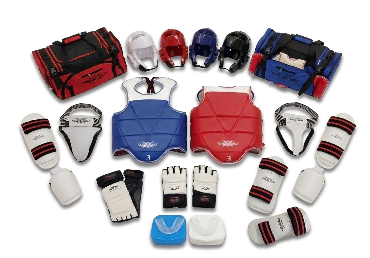 Full 8-piece taekwondo martial arts sparring kit featuring a foam headguard, chest guard, vinyl shin instep and forearm guards, Velcro groin cup, hand and foot protectors, mouthguard, and a gear bag. All items are WTF approved.
